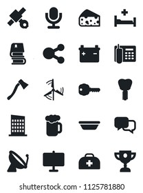Set of vector isolated black icon - satellite antenna vector, axe, doctor case, hospital bed, implant, microphone, dialog, presentation board, office phone, book, windmill, key, city house, beer