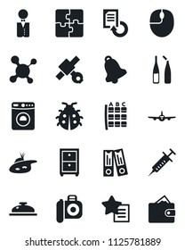 Set of vector isolated black icon - washer vector, plane, seat map, office binder, mouse, document reload, lady bug, molecule, syringe, ampoule, satellite, camera, favorites list, bell, application