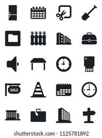 Set of vector isolated black icon - suitcase vector, border cone, office building, calendar, shovel, clock, term, folder, cut, sale, table, fridge, radiator, sound, usb flash, case, guidepost