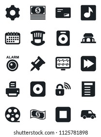 Set of vector isolated black icon - document vector, printer, monitor pulse, reel, speaker, mail, stop button, fast forward, rec, settings, music, drawing pin, children room, cafe building, calendar