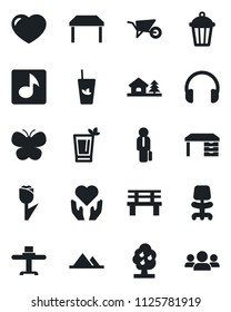 Set of vector isolated black icon - office chair vector, desk, wheelbarrow, butterfly, bench, garden light, heart hand, tulip, headphones, music, manager, house with tree, fruit, mountains, table