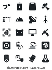 Set of vector isolated black icon - plane radar vector, satellite antenna, barrier, pruner, glove, hose, blood pressure, dropper, remote control, monitor, mobile camera, fingerprint id, dish, flask