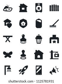 Set of vector isolated black icon - stamp vector, mobile phone, fence, rake, butterfly, house, picnic table, speaker, battery, pond, sweet home, fireplace, crane, estate insurance, outdoor lamp