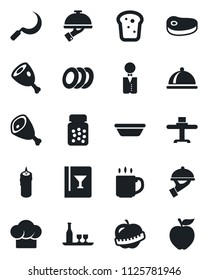Set of vector isolated black icon - sickle vector, pills bottle, diet, coffee, waiter, dish, alcohol, restaurant table, cook hat, wine card, plates, bread, candle, steak, ham, bowl, apple fruit