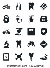 Set of vector isolated black icon - smoking place vector, dropper, microscope, scales, pills, blister, ampoule, bike, heart shield, hand, tooth, caries, implant, pulse clipboard, virus, molecule