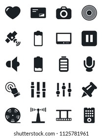 Set of vector isolated black icon - film frame vector, reel, vinyl, camera, antenna, satellite, speaker, settings, tv, microphone, touch screen, heart, paper pin, battery, low, mail, pause button