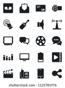 Set of vector isolated black icon - clapboard vector, reel, antenna, speaker, equalizer, tv, video camera, cell phone, touch screen, dialog, monitor, radio, low battery, mail, jack connector, record