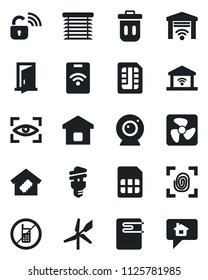 Set of vector isolated black icon - no mobile vector, sim, smart home, fingerprint, fan, wireless lock, water heater, web camera, energy saving bulb, jalousie, garage gate control, eye scan, door