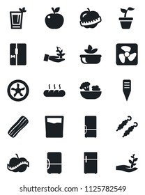 Set of vector isolated black icon - seedling vector, plant label, diet, fridge, drink, phyto bar, salad, bacon, bread, kebab, apple fruit, fan, palm sproute