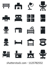 Set of vector isolated black icon - checkroom vector, office chair, desk, bench, fireplace, lamp, bedroom, children room, restaurant table, alcove, fridge