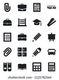 Set of vector isolated black icon - airport bus vector, checkroom, book, graduate, abacus, presentation board, calculator, case, paper clip, pencil, stapler