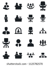 Set of vector isolated black icon - reception vector, office chair, manager place, client, user, company, desk, hierarchy, estate agent, group