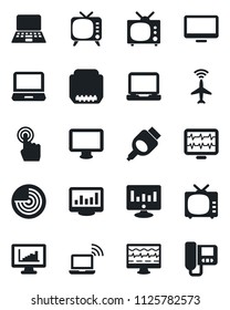 Set of vector isolated black icon - plane radar vector, wireless notebook, pc, statistic monitor, pulse, tv, touch screen, laptop, hdmi, statistics, intercome