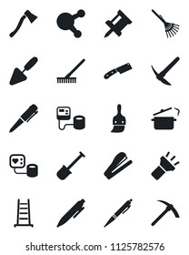 Set of vector isolated black icon - pen vector, trowel, shovel, rake, ladder, axe, blood pressure, share, themes, torch, drawing pin, stapler, knife, steaming pan, hard work