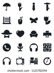 Set of vector isolated black icon - phone vector, tv, mouse, desk, tie, butterfly, umbrella, tulip, headphones, heart, abacus, office chair, cushioned furniture, restaurant table, dress code, chip