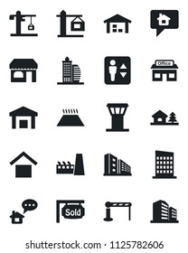 Set of vector isolated black icon - airport tower vector, barrier, elevator, shop, store, warehouse storage, house with tree, sold signboard, office building, city, crane, factory, warm floor