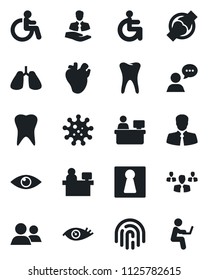 Set of vector isolated black icon - female vector, disabled, manager place, lungs, real heart, tooth, eye, joint, virus, client, speaker, group, fingerprint id, man with notebook