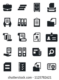Set of vector isolated black icon - identity vector, contract, office binder, document search, folder, news, clipboard, checklist, paper, tray, archive box, estate, case, certificate