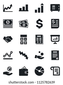 Set of vector isolated black icon - safe vector, growth statistic, dollar sign, calculator, crisis graph, cash, receipt, bar, pie, point, contract, handshake, wallet, investment, presentation