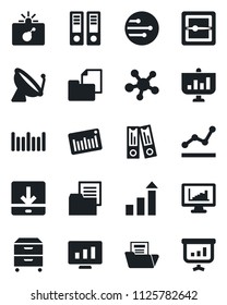 Set of vector isolated black icon - satellite antenna vector, bomb in case, growth statistic, office binder, monitor, folder document, barcode, share, scanner, network, download, statistics