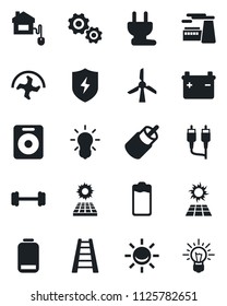 Set of vector isolated black icon - factory vector, ripper, ladder, barbell, speaker, battery, low, rca, protect, sun panel, home control, power plug, bulb, windmill, alarm led, gear, idea