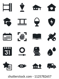 Set of vector isolated black icon - book vector, pennant, eye, satellite, film frame, favorites list, protect, calendar, brightness, house with garage, tree, sweet home, egg stand, fingerprint, car