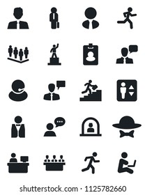 Set of vector isolated black icon - elevator vector, reception, speaking man, pedestal, team, manager place, run, support, speaker, meeting, career ladder, estate agent, waiter, dress code