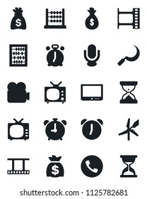Set of vector isolated black icon - alarm clock vector, phone, abacus, money bag, sickle, film frame, tv, video camera, microphone, windmill, sand