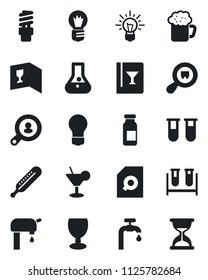 Set of vector isolated black icon - bulb vector, blood test vial, thermometer, ampoule, fragile, search cargo, document, water supply, client, wine card, cocktail, beer, energy saving, idea, flask