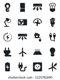 Set of vector isolated black icon - bulb vector, ripper, rca, charge, desk lamp, air conditioner, fridge, home control, socket, power plug, warm floor, energy saving, windmill
