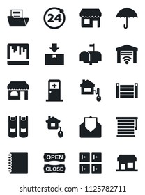 Set of vector isolated black icon - 24 around vector, shop, medical room, checkroom, book, container, umbrella, package, mail, scanner, copybook, document folder, mailbox, open close, home control