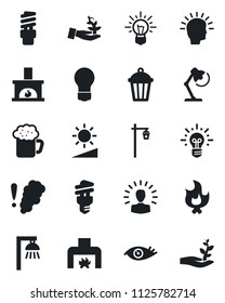 Set of vector isolated black icon - bulb vector, fire, garden light, eye, brightness, desk lamp, fireplace, beer, smoke detector, energy saving, outdoor, palm sproute, shining head, idea