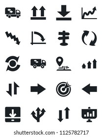 Set of vector isolated black icon - right arrow vector, left, crisis graph, route, signpost, navigation, up side sign, update, data exchange, download, moving, target, growth, presentation