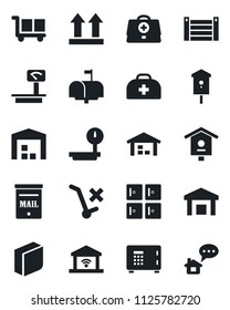 Set of vector isolated black icon - safe vector, checkroom, bird house, doctor case, container, cargo, up side sign, no trolley, warehouse, heavy scales, blank box, mailbox, garage gate control