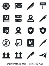 Set of vector isolated black icon - no mobile vector, pen, stamp, plant label, heart shield, navigation, up side sign, cut, place tag, sertificate, sale, menu, open close, paper plane