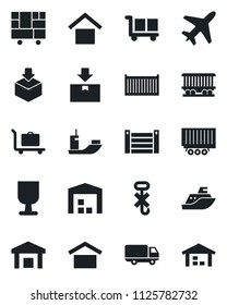 Set of vector isolated black icon - plane vector, baggage trolley, railroad, sea shipping, truck trailer, cargo container, car delivery, consolidated, fragile, warehouse storage, no hook, package