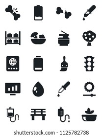 Set of vector isolated black icon - passport vector, luggage storage, statistic monitor, water drop, bench, dropper, broken bone, traffic light, low battery, themes, brightness, copier, fruit tree