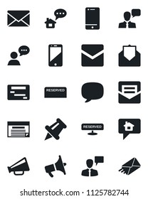 Set of vector isolated black icon - speaking man vector, mail, loudspeaker, cell phone, speaker, paper pin, message, reserved, home, schedule