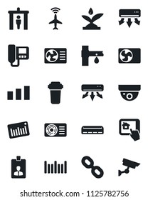 Set of vector isolated black icon - plane radar vector, security gate, identity card, drip irrigation, sorting, barcode, chain, air conditioner, intercome, home control app, water filter