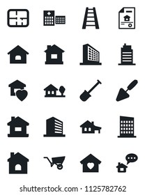 Set of vector isolated black icon - office building vector, trowel, shovel, ladder, wheelbarrow, house, hospital, with garage, tree, plan, estate document, sweet home, city, message