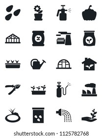 Set of vector isolated black icon - factory vector, watering can, pruner, seedling, pumpkin, greenhouse, seeds, pond, garden sprayer, fertilizer, flower in pot, eco house, palm sproute