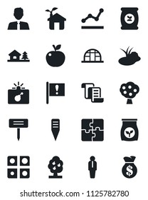 Set of vector isolated black icon - bomb in case vector, manager, contract, plant label, greenhouse, pond, fertilizer, important flag, application, point graph, house with tree, fruit, estate agent