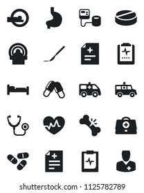 Set of vector isolated black icon - bed vector, heart pulse, doctor case, diagnosis, stethoscope, blood pressure, pills, scalpel, tomography, ambulance car, stomach, broken bone, clipboard