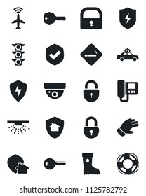 Set of vector isolated black icon - plane radar vector, smoking place, alarm car, lock, glove, boot, traffic light, shield, protect, key, intercome, home, surveillance, sprinkler, crisis management