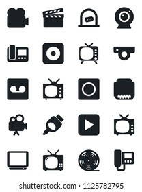Set of vector isolated black icon - ticket office vector, clapboard, reel, tv, video camera, play button, rec, hdmi, record, web, intercome