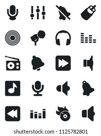 Set of vector isolated black icon - vinyl vector, flame disk, microphone, radio, speaker, settings, equalizer, headphones, fast forward, rewind, rca, bell, mute, music, sound