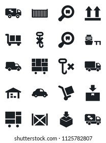 Set of vector isolated black icon - cargo container vector, car delivery, sea port, consolidated, up side sign, no hook, package, search, warehouse, moving