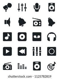 Set of vector isolated black icon - microphone vector, radio, speaker, settings, equalizer, headphones, play button, rewind, rec, tuning, bell, record, music