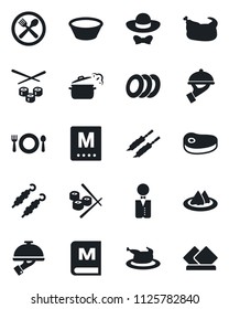 Set of vector isolated black icon - waiter vector, serviette, cafe, menu, plates, dress code, chicken, steak, kebab, bowl, steaming pan, sushi