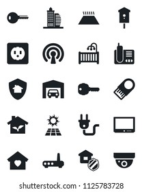 Set of vector isolated black icon - bird house vector, tv, radio phone, garage, office building, key, children room, sweet home, estate insurance, eco, socket, power plug, wireless, router, protect